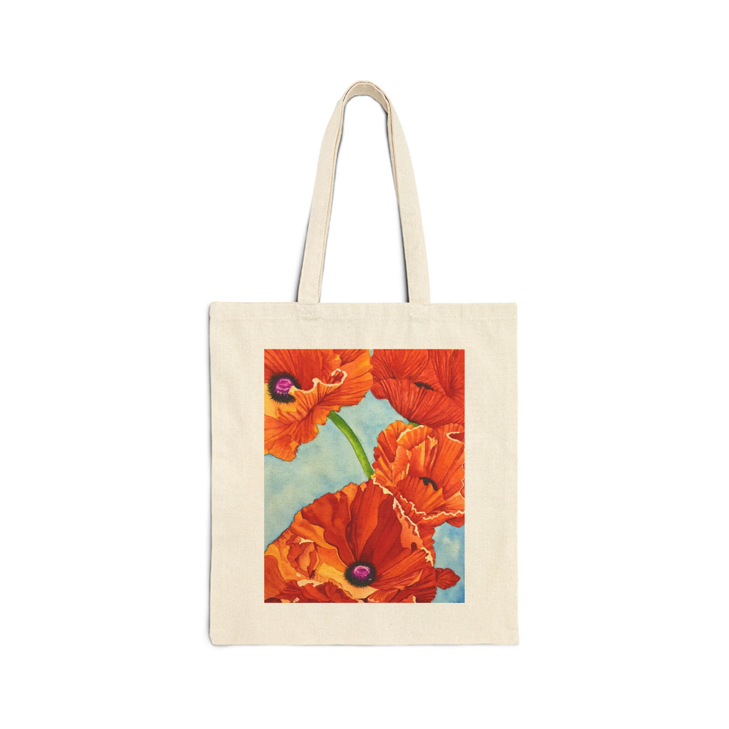 Natural cotton canvas tote with red poppy watercolor artwork by Tama Meyer.