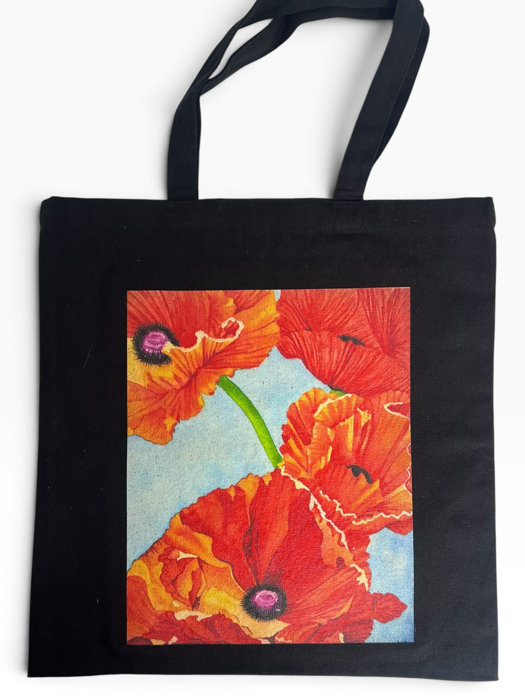 Black cotton canvas tote with red poppy watercolor artwork by Tama Meyer.