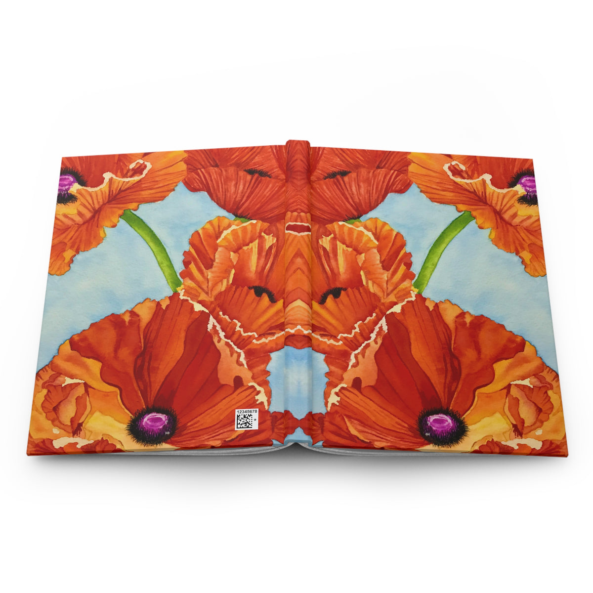 Journal opened to display the wrapped red-orange poppy artwork across the back cover, spine, and front cover.