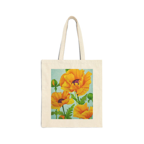 Natural cotton canvas tote with golden poppy watercolor artwork by Tama Meyer